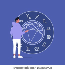 Astrology concept, Young male character reading a natal chart, future prediction