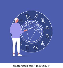 Astrology concept, Young male character reading a natal chart, future prediction