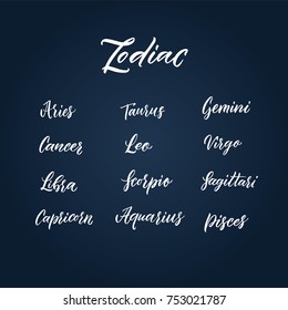 astrology constellations zodiac names calligraphy brush lettering vector isolated