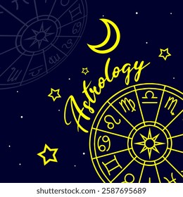 Astrology Day to celebrate on March. Zodiac constellation symbol, calligraphy text, stars and crescent moon on dark blue background.