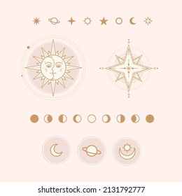 Astrology design element set. Sun, stars, moon phase and polar star, planet and universe. Vector illustration.