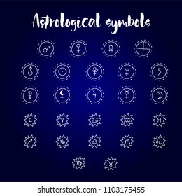 Astrology doodle symbols. Set of astrological graphic design elements. Vector icons collection.