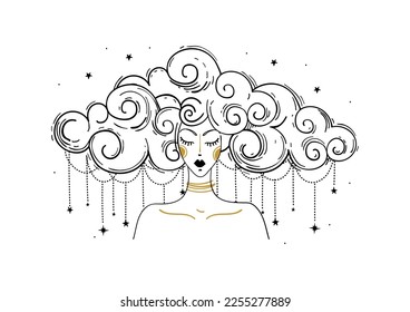 Astrology female character, witch line tattoo, sacred femininity, zodiac sign. Mystical girl with cloudy hair. Modern vector illustration isolated on white background.