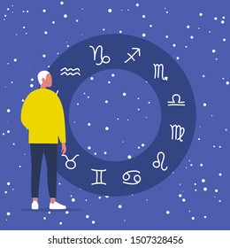 Astrology. Flat editable vector illustration, clip art. Young male character looking at Zodiac signs