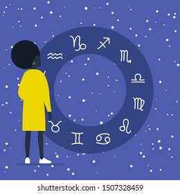 Astrology. Flat editable vector illustration, clip art. Young black female character looking at Zodiac signs