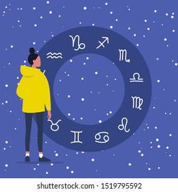 Astrology. Flat editable vector illustration, clip art. Young female character looking at Zodiac signs