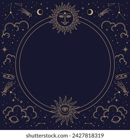 Astrology frame or mystic tarot border with magic bohemian pattern, vector background. Tarot cards, esoteric astrology and witchcraft magic frame with symbols of sun and moon or stars constellations