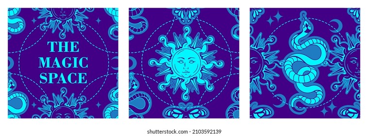 Astrology glowing vector posters, celestial mysterious social media posts with witchcraft and copy space for inspirational quotes about spiritual, magic, yoga. Seamless pattern wallpapers.