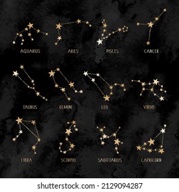 Astrology gold set of zodiac sings, constellations and stars on black watercolor background. Horoscope golden symbols space collection