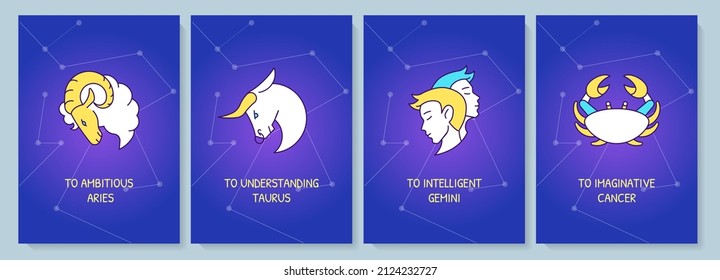 Astrology greeting card with color icon element set. Zodiacal signs. Postcard vector design. Decorative flyer with creative illustration. Notecard with congratulatory message on blue