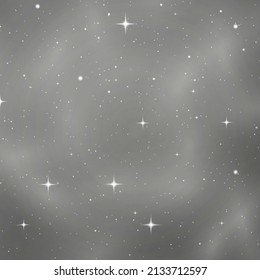 Astrologie, horizontaler grauer Sternhintergrund. Dunkle Sternenlandschaft im Nebel. Kosmos, Galaxie. Realistischer Sternhaufen im Weltraum. Hell leuchtendes Lichtstau im Universum. Vektorgrafik. 