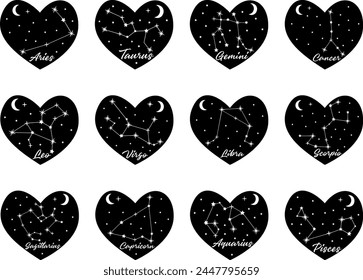 Astrology Horoscope Circle Zodiac Signs Vector Background. Starry Night Sky Inscribed in the Heart Shape on a White Background. Celestial Zodiacal Set Collection. Celestial Constellation. Esoteric.