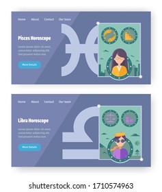 Astrology horoscope concept illustration. Zodiac symbol and signs, libra, pisces. Vector web site design template. Landing page website illustration.
