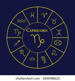 Astrology and horoscope - gold signs of zodiac, vector illustration. Inside the inscription "Capricorn" and the image of the sign.