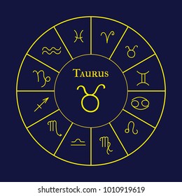 Astrology and horoscope - gold signs of zodiac, vector illustration. Inside the inscription "Taurus" and the image of the sign.