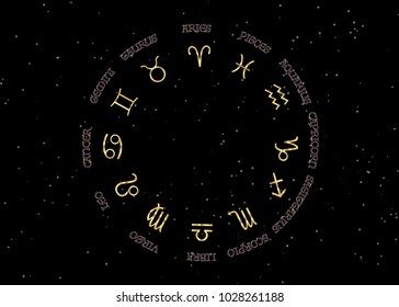 astrology and horoscope - gold signs of zodiac over night sky and stars dark night sky background, vector illustration