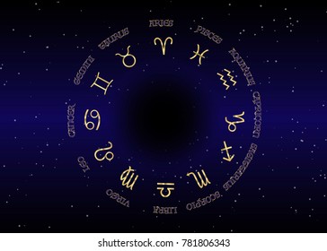 astrology and horoscope - gold signs of zodiac over night sky and stars dark night sky background, vector illustration