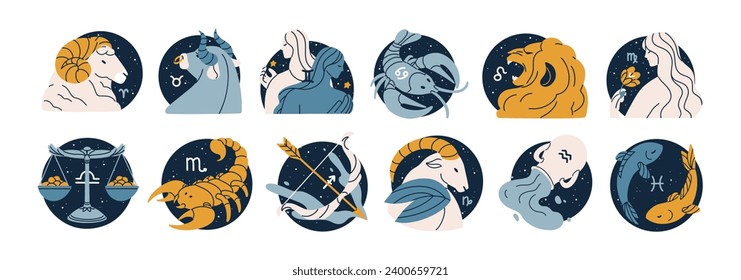 Astrology horoscope icons, symbols set. Zodiac signs, constellations, characters. Cancer, Gemini, Aries and Libra. 12 astrological elements. Flat vector illustrations isolated on white background