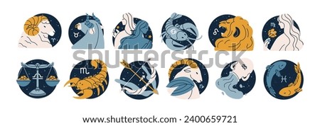 Astrology horoscope icons, symbols set. Zodiac signs, constellations, characters. Cancer, Gemini, Aries and Libra. 12 astrological elements. Flat vector illustrations isolated on white background