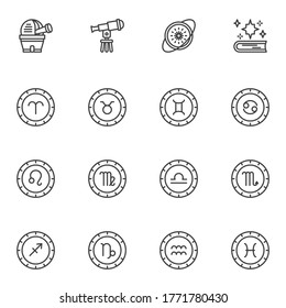 Astrology horoscope line icons set, outline vector symbol collection, linear style pictogram pack. Zodiac signs, logo illustration. Set includes icons as astronomy telescope, Capricorn Aquarius Pisces