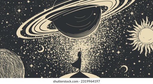 Astrologie, Horoskop mystisches Banner. Silhouette einer Frau auf schwarzem Hintergrund, die den Planeten berührt, das Konzept der Wissenschaft, Esoterik, Reisen. Himmelsvektorgrafik einzeln auf Weiß