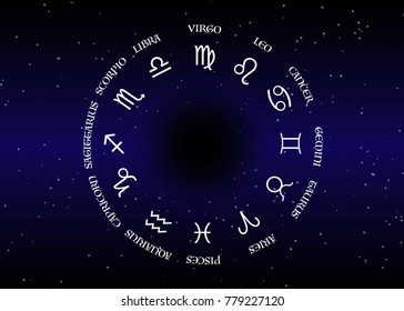 astrology and horoscope - signs of zodiac over night sky and stars dark night sky background, vector illustration 