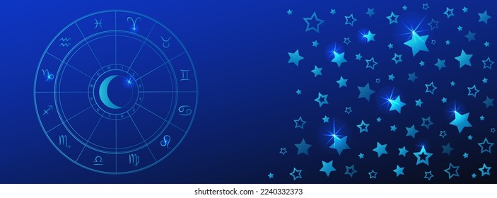 Astrology horoscope wheel background. Zodiac circle chart. Dark blue vector banner with stars for astrological forecast