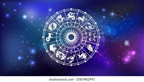 Astrology Horoscope Wheel with Zodiac Signs on the background of the dark space, symbol calendar 