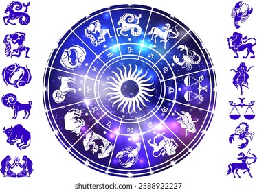 Astrology Horoscope Wheel with Zodiac Signs on the background of the dark space, symbol calendar 
