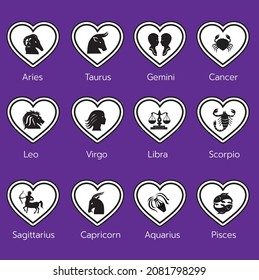 Vector de signos de zodiaco de horoscopio astrológico, 
Símbolo de forma calendario, Aries, leo, gemini, taurus, escorpio, 
aquarius, pisces, sagittarius, libra, virgo, capricornio y cáncer,
dentro de un corazón negro