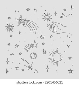 Astrology human hands with stars in boho style. Esoteric elements. Spirituality and magic symbols.