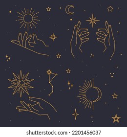 Astrology human hands with stars in boho style. Esoteric elements. Spirituality and magic symbols.