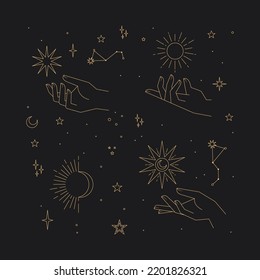 Astrology human hands with stars in boho style. Esoteric elements. Spirituality and magic symbols.