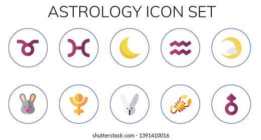 Astrology Icon Set. 10 Flat Astrology Icons.  Collection Of - Taurus, Rabbit, Pisces, Pluto, Crescent Moon, Aquarius, Scorpion, Mars