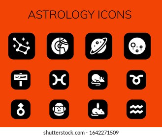 Astrology Icon Set. 12 Filled Astrology Icons. Included Constellation, War, Mars, Planet, Pisces, Monkey, Rat, Full Moon, Taurus, Aquarius Icons