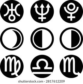 Astrology icon set featuring planetary symbols, lunar phases, and zodiac signs Virgo, Libra, and Scorpio