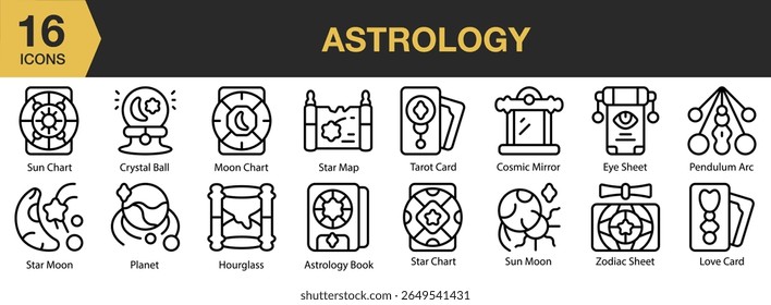 Conjunto de ícones de astrologia. Inclui astrologia, estrela, astronomia, universo, noite e muito mais. Contornar coleção de vetores de ícones.