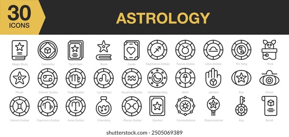 Astrology icon sets. Includes card, book, zodiac, ritual, and More. Outline icons vector collection.