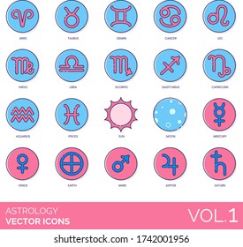 Astrology Icons Including Aries, Taurus, Gemini, Cancer, Leo, Virgo, Libra, Scorpio, Sagittarius, Capricorn, Aquarius, Pisces, Sun, Moon, Mercury, Venus, Earth, Mars, Jupiter, Saturn.