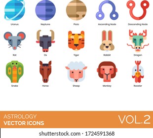 Astrology icons including uranus, neptune, pluto, ascending, descending node, rat, ox, tiger, rabbit, dragon, snake, horse, sheep, monkey, rooster.