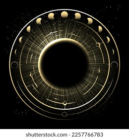 Astrology Illustration of Solar Eclipse and Phases of Moon. Vector illustration isolated on white.