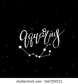 Astrology lettering Aquarius collection zodiac sign with Constellation Stars  White  on  Black  Background - Vector modern Graphic Design. Zodiak theme for International Astrology – Moon, or sun star