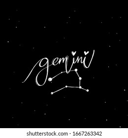 Astrology lettering gemini. collection zodiac sign with Constellation Stars  White  on  Black  Background - Vector modern Graphic Design. Zodiak theme for International Astrology esoteric