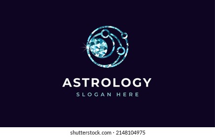 Astrology Logo blue glittering, creative modern concept design premium. Orbits planets in round icon for logo IT, concept design from space exploration, astronomy. Vector illustration
