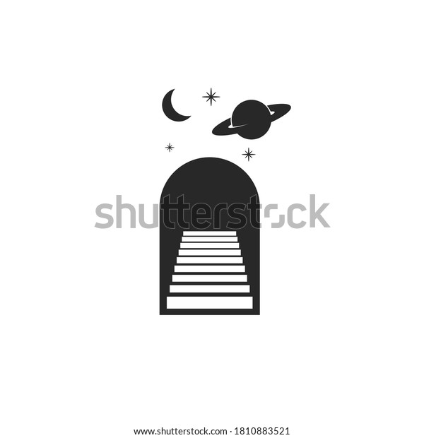Astrology logo doorway with stairs,\
moon, planet Saturn and stars as a astrological magic symbol black\
and white minimal style, stairs going up to\
infinity
