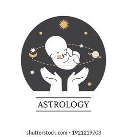 Astrology logo.The silhouette of a baby on the background of the starry sky. Vector illustration.