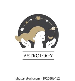 Astrology. Logo. A woman's head surrounded by planets and stars.