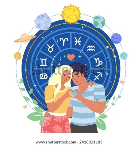Astrology love horoscope for couples vector illustration. Beloved young man and woman hugging standing over zodiac symbols wheel and planetary moving in circle. Astrological compatibility