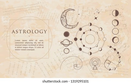 Astrology. Lunar phases, esoteric planets, moon, golden ratio. Renaissance background. Medieval manuscript, engraving art 