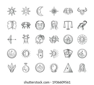 astrology magic mystery icons set